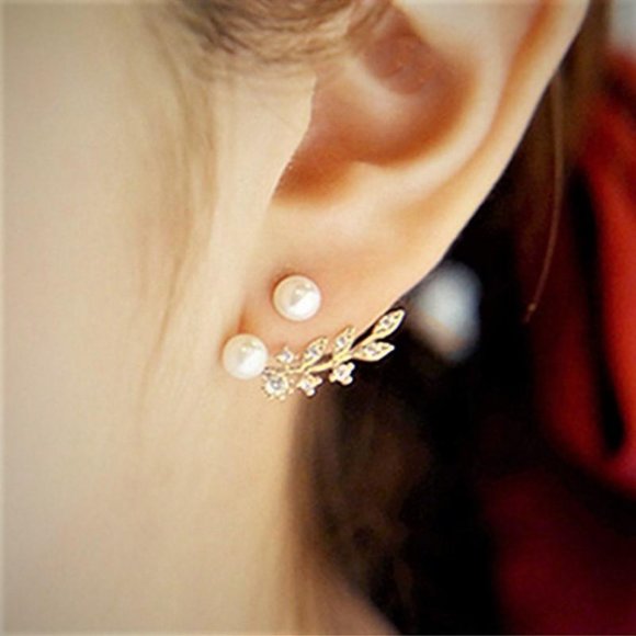 Falling Pearl Leaf Earring | Sterling Silver - Picture 1 of 2